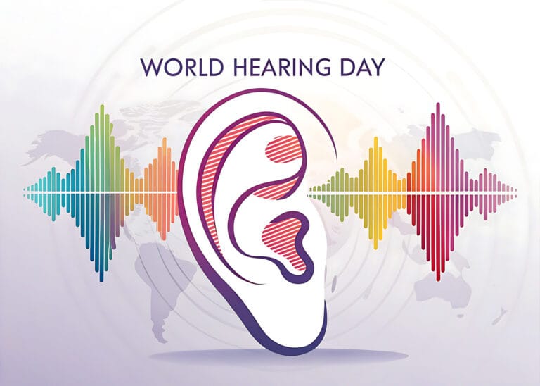 World Hearing Day graphic featuring an illustrated ear with colourful sound waves, promoting hearing health awareness and the importance of hearing protection.